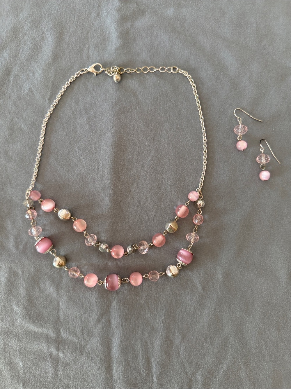 Pink Beaded Two-Strand Necklace and Earring Set